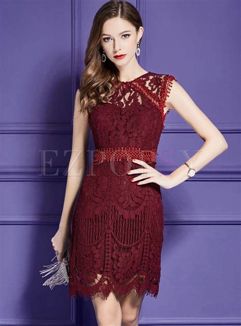 Deep Red Lace Hollow Out Splicing Elegant Sheath Dress Dresses Trendy Cocktail Dresses Red
