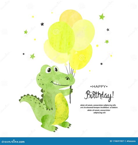 Birthday Card Design Cute Watercolor Crocodile With Balloons Cartoon