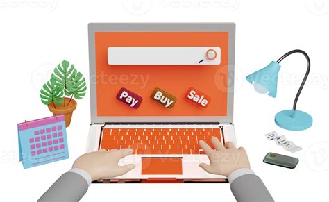 Businessman Using Orange Laptop Computer On Table With Buy Sale Pay
