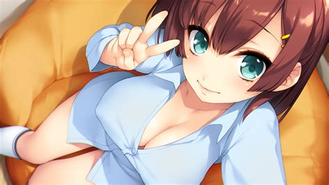 Akeiro Kaikitan Aqua Eyes Breasts Brown Hair Cleavage Erect Nipples