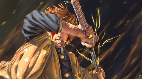 Demon Slayer Zenitsu Agatsuma With Sword With Shallow Background Of