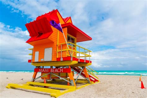 Orange Red And Yellow Lifeguard Tower In World Famous Miami Beach