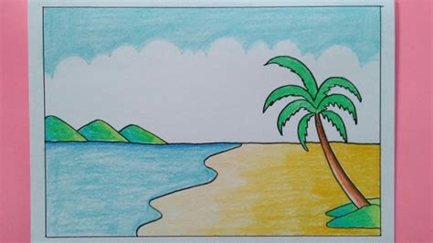 How To Draw A Sea Beach Scenery Easy Drawing Youtube