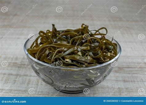 Fresh Wakame Seaweed In A Bowl Soaked Green Wakame Seaweed In A Glass