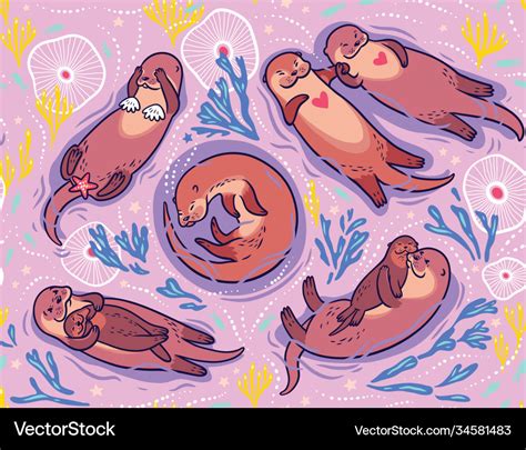 Cute Lovely Sea Otters Pattern Royalty Free Vector Image