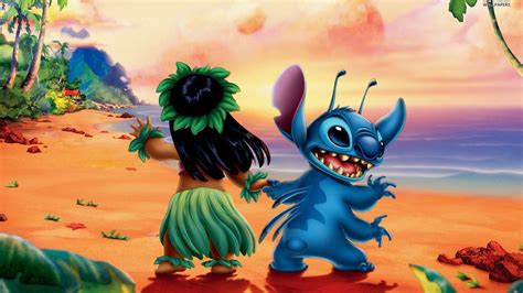 Stitch Is Dancing With A Girl In Seashore Hd Stitch Wallpapers Hd