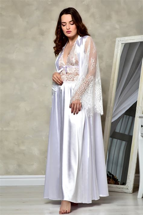 White Long Bridal Robe And Nightgown Set Satin Lace Peignoir Etsy