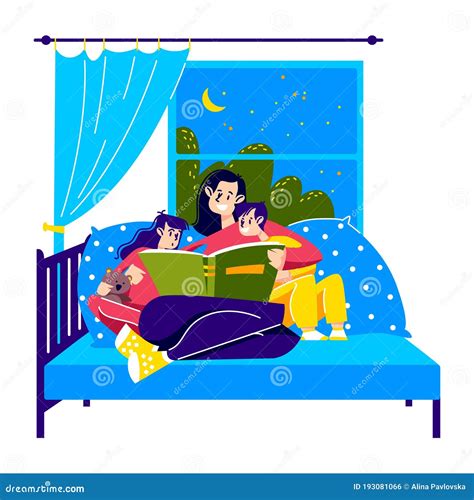Mother Reading Bedtime Story To Kids Mom Sitting In Bed With Son And