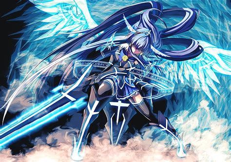 Hd Wallpaper Anime Girl Fighter Big Sword Wings Long Hair Blue