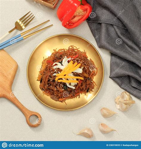 Japchae Stir Fry Korean Glass Noodle Stock Image Image Of Mushroom
