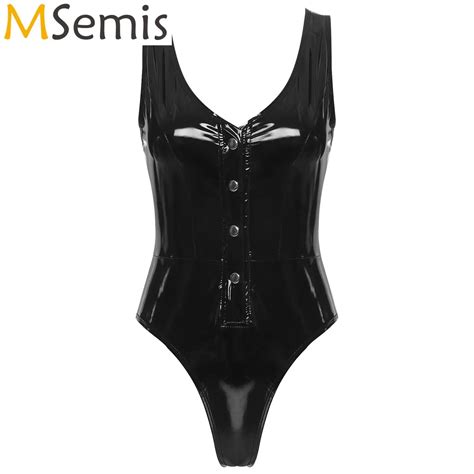 womens lingerie sexy bodysuit button patent leather catsuit high cut leotard clubwear wet look