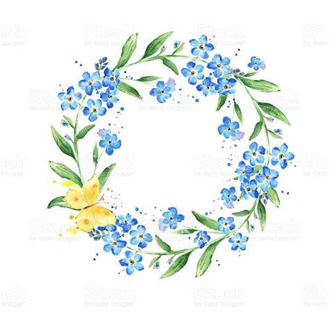 Watercolor Forget Me Not Wreath Natural Round Frame With Blossom