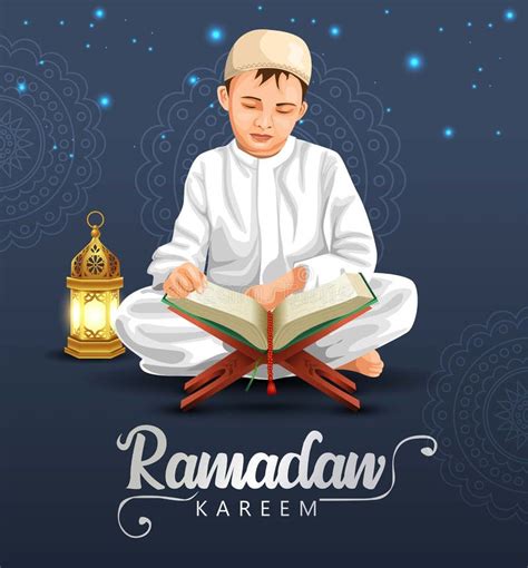Ramadan Kareem And Eid Mubarak Greetings Islamic Boy Reading Quran