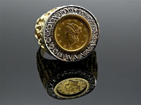 Diamond Gold Coin Ring Mens Nugget Ring Liberty Gold Dollar Coin Ring