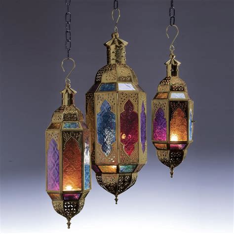 Indian Arts Moroccan Style Gold Hanging Multi Colour Glass Lantern