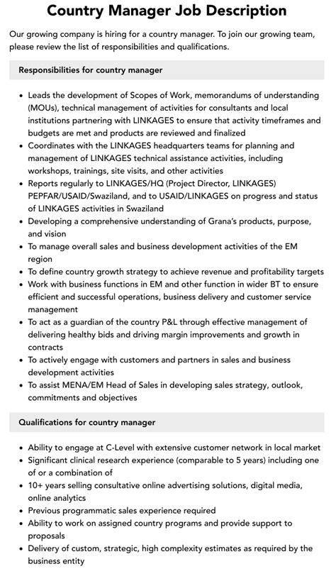 Country Manager Job Description Velvet Jobs