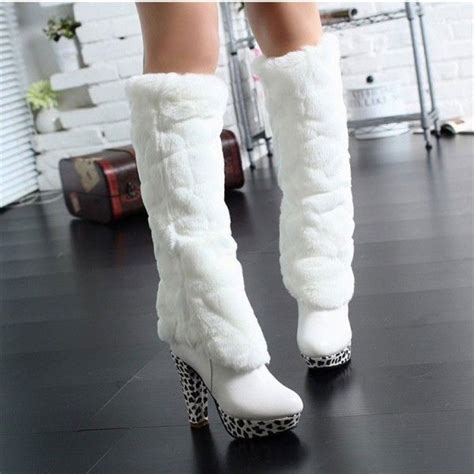White Fur Boots Round Toe Chunky Heels Platform Mid Calf Boots Boots Fluffy Boots Fall Boots