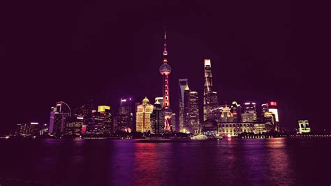 Cityscape Night Landscape Neon City Lights China Water Shanghai