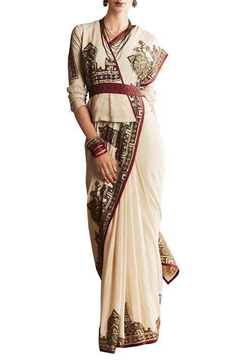 Buy Shasha Gaba Beige Georgette Silk Embellished Pre Draped Saree Set