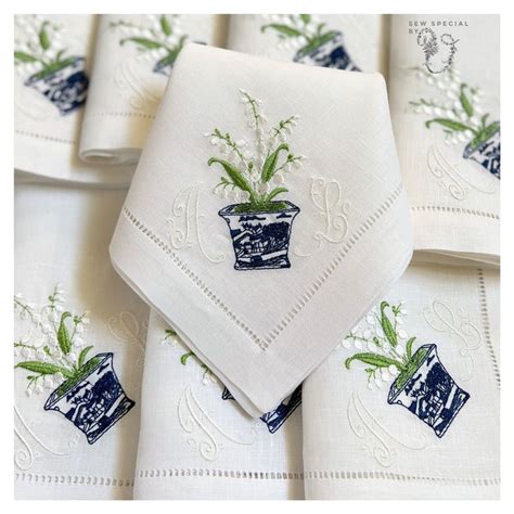 Dinner Napkins Embroidered Potted Lily Of The Valley Napkins Etsy