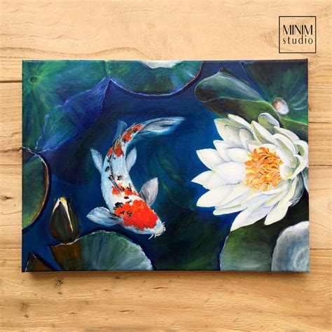 Original White Water Lilies Acrylic Painting Contemporary Koi Fish Art