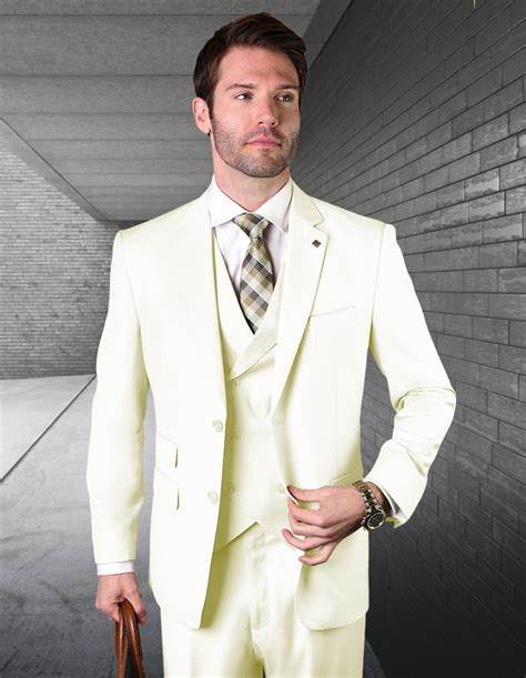 Statement Offwhite 3pc 2 Button Solid Color Mens Suit With Double