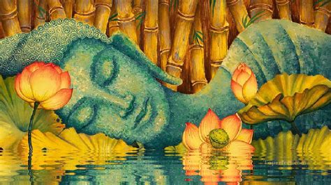 Relaxing Buddha On Water Lily Pond Buddhism Painting In Oil For Sale