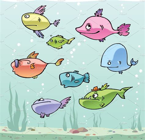 Set Of The Cartoon Fishes No1 Custom Designed Illustrations