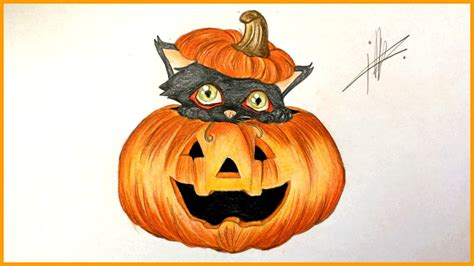 Drawing A Halloween Pumpkin With A Black Cat Youtube