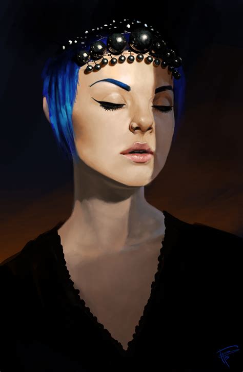 Blue Hair Closed Eyes Women Open Mouth Thomas BIGNON ArtStation Drawing Portrait Display