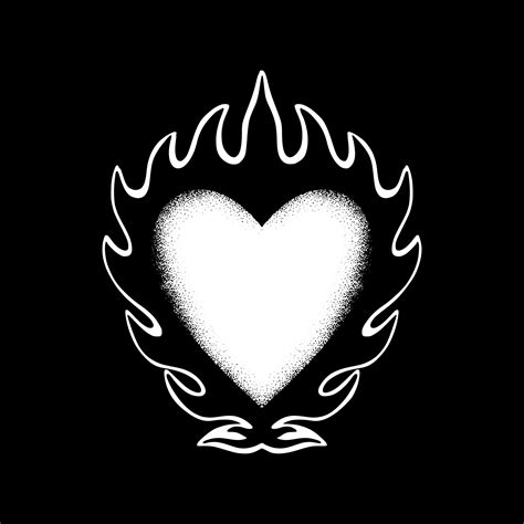 Flaming Heart Art Illustration Hand Drawn Black And White Vector For