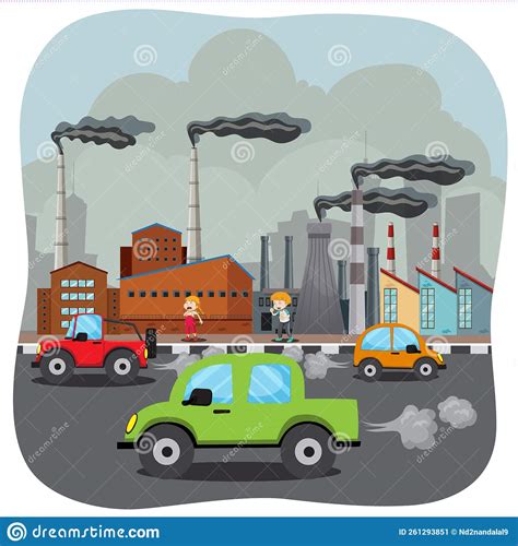 Air Pollution Concept With Polluted City Vehicle Smoke And Factories