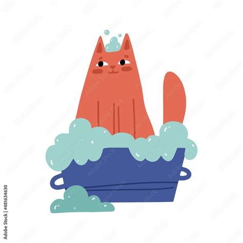 Happy Ginger Cat Sits In A Bath With Soapy Foam Washing At Home Or Salon Grooming Taking Care