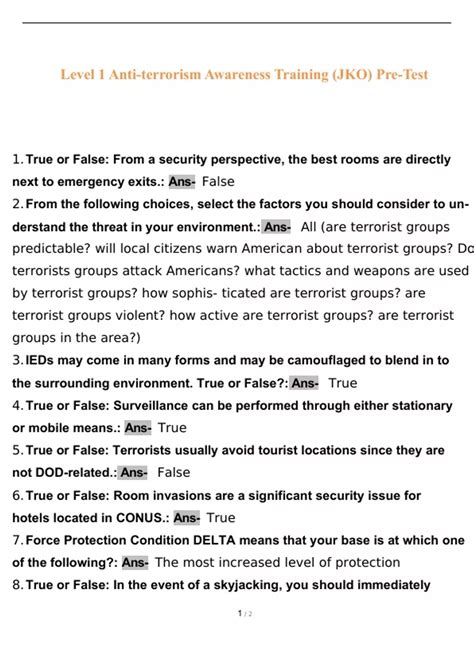 Level 1 Anti-terrorism Awareness Training (JKO) Pre-Test | with