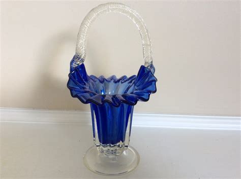 A Lovely Cobalt Blue And Clear Glass Handle Basket With Etsy