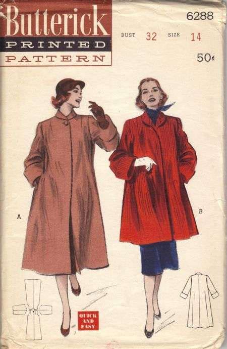 Butterick 6288 1950s Misses Pyramid Swing Coat Pattern Size 14 Bust 32