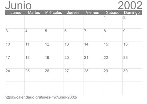 Calendario Junio 2002 De México En Español ☑️ Calendariogratis