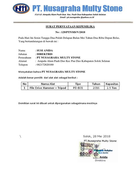 Sebagain besar instansi memberikan contoh surat pernyataan yang harus kamu buat, isinya tidak boleh berubah, kecuali menambhakan data diri, dan tanda tanganmu saja. Surat Pernyataan Kepemilikan Alat2