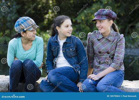 Three Smiling Tween Girls Outdoors Stock Image Image Of Person