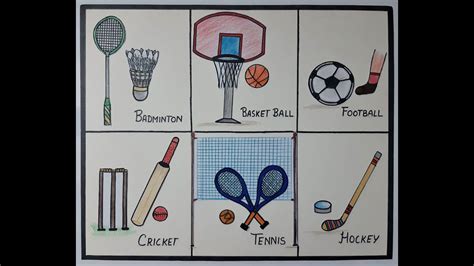How To Draw Outdoor Games Badmintonhockey Basketballtennis Cricket
