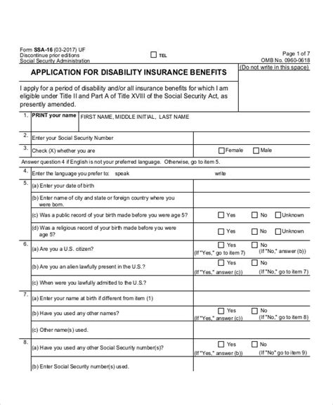 Social Security Disability Application Form Printable