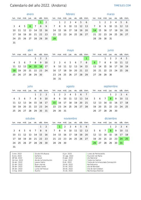 Calendario 2022 Con Días Festivos En Andorra Imprimir Y Descargar