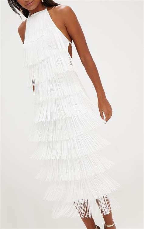 White Tassel Halterneck Midi Dress Dresses Prettylittlething