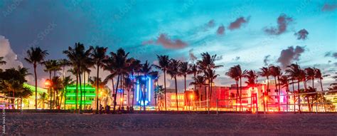 Miami Beach Ocean Drive Panorama With Hotels And Restaurants At Sunset