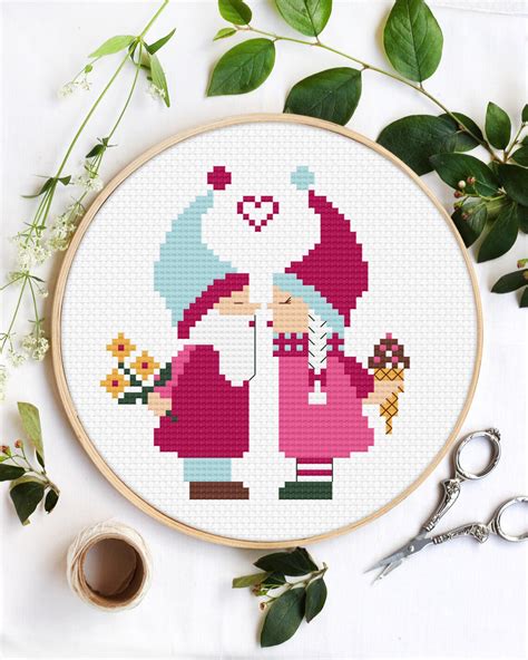 valentine gnome cross stitch pattern cute gnomes in love etsy