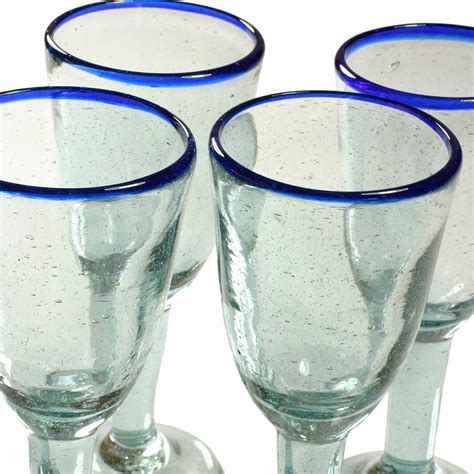 Handblown Recycled Glass Cobalt Blue Rim Wine Glasses Bubbly Novica