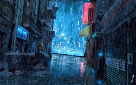 Digital Art Rain Cityscape Futuristic City Cyan Alleyway Neon Lights