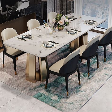 709 Rectangular Dining Table Faux Marble Top Double Pedestal Stainless Steel In Gold Dining