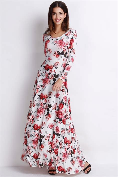 2015 Floral Gorgeous Summer Style O Neck Fit And Flare Full Sleeve Maxi