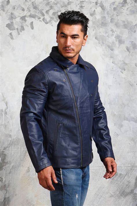Blue Motorcycle Jacket In Real Leather Mens Blue Leather Jacket